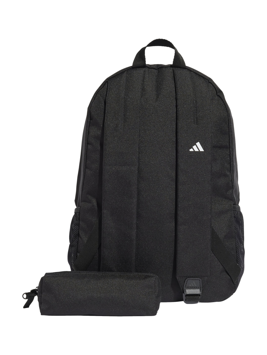 Mochila escolar negra Adidas con estuche a juego y logotipo blanco.