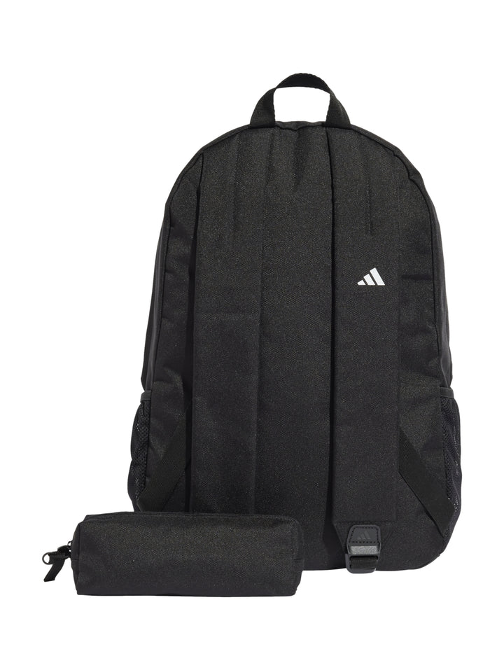 Mochila escolar negra Adidas con estuche a juego y logotipo blanco.