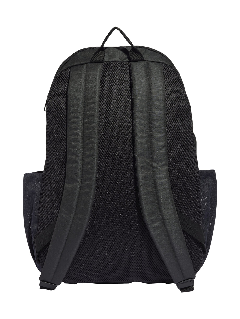 Mochila Adidas color negro con logotipo reflectante y bolsillos laterales.