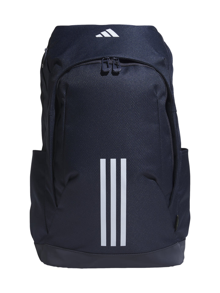 Mochila Adidas color azul marino con tres franjas blancas verticales y logotipo blanco en la parte superior.