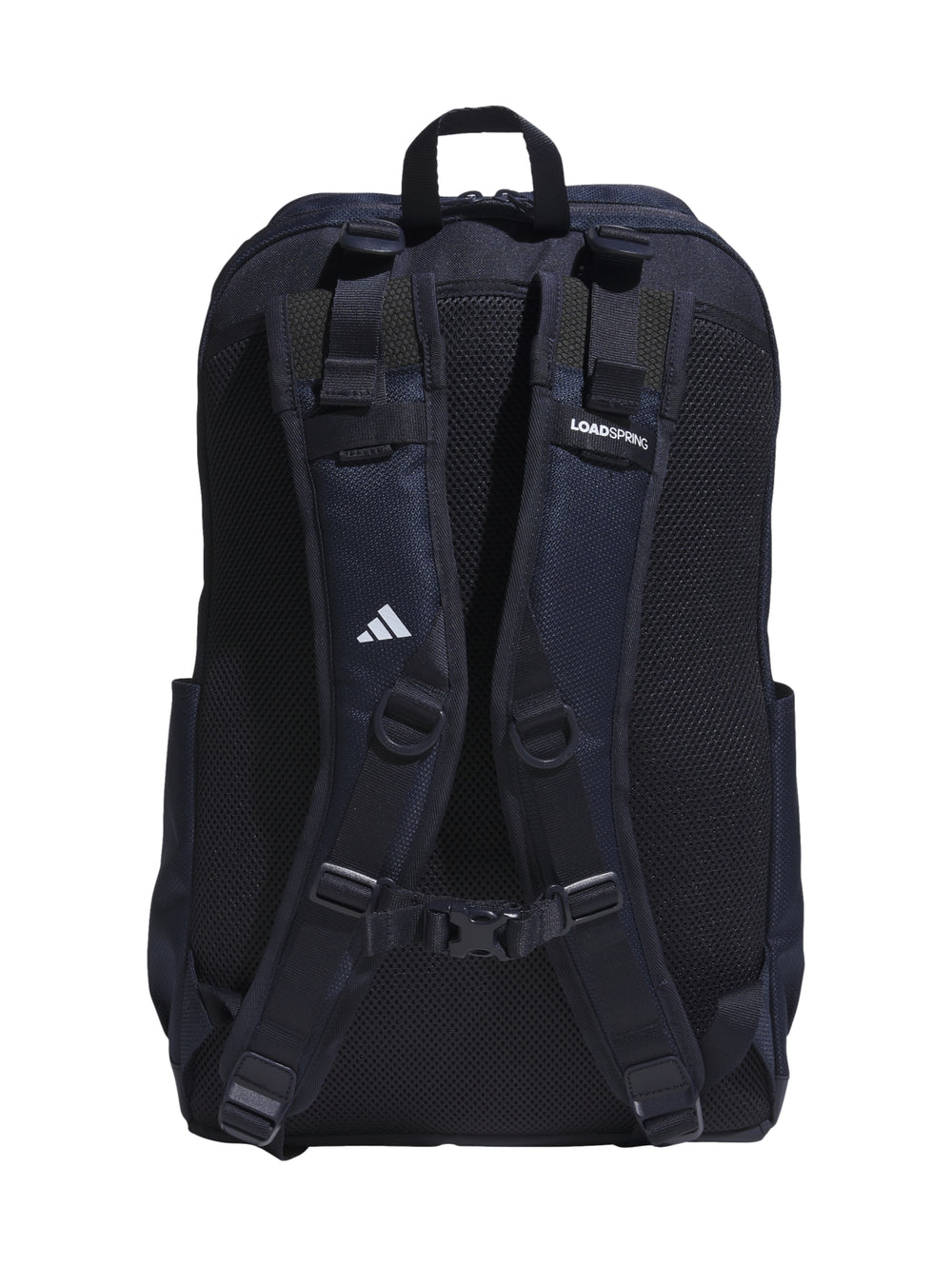 Mochila Adidas color azul marino con tres franjas blancas verticales y logotipo blanco en la parte superior.