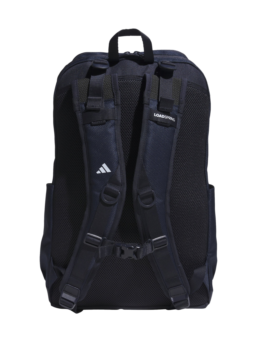 Mochila Adidas color azul marino con tres franjas blancas verticales y logotipo blanco en la parte superior.