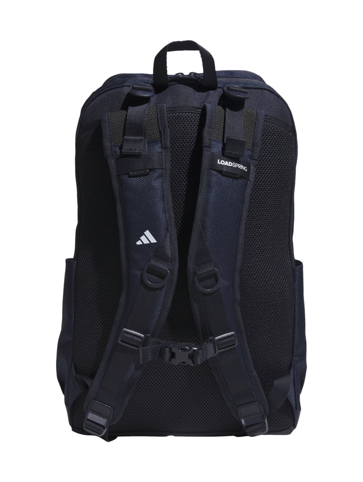 Mochila Adidas color azul marino con tres franjas blancas verticales y logotipo blanco en la parte superior.