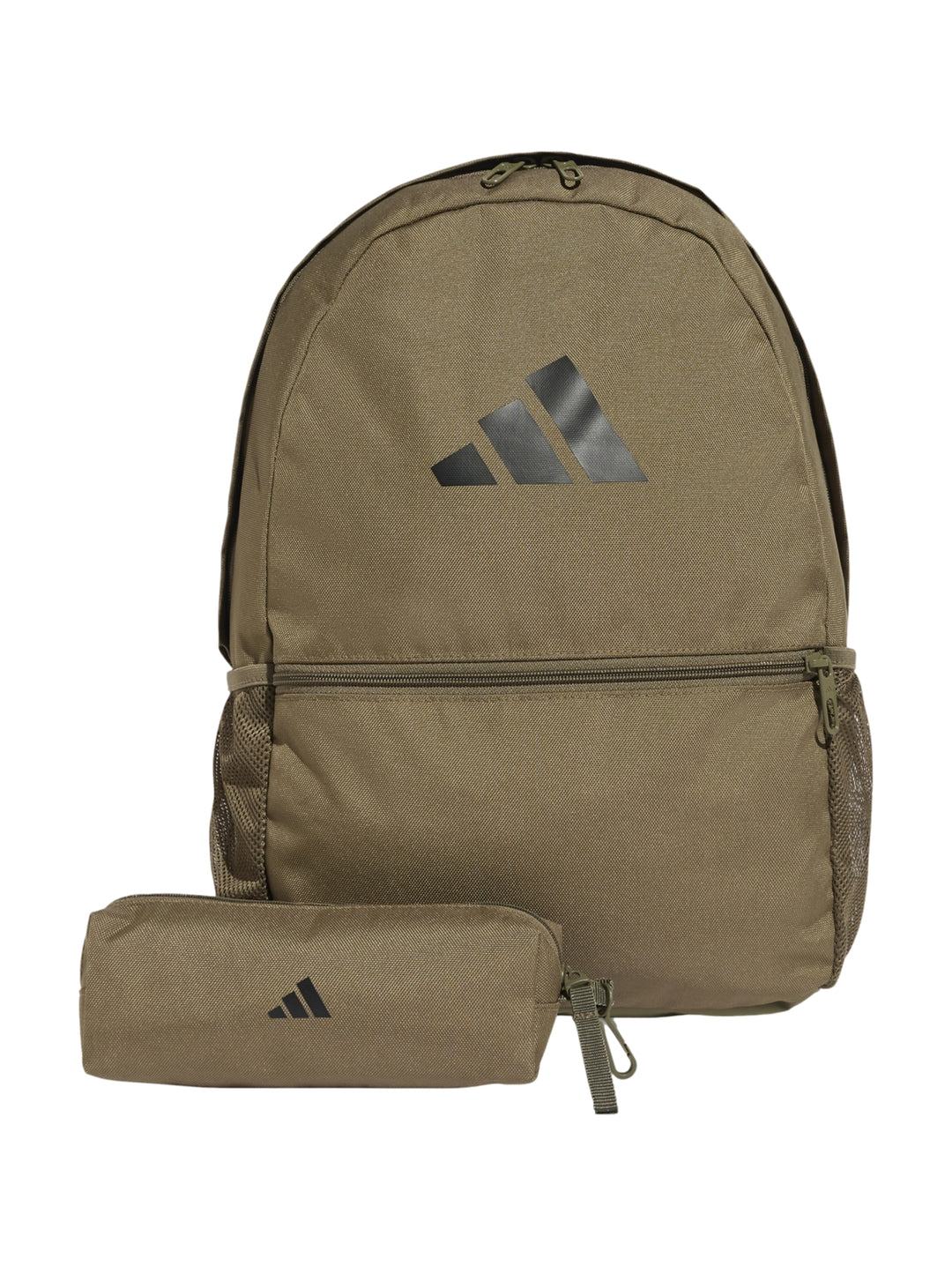 Mochila Adidas color verde oliva con estuche a juego y logotipo negro en el centro.
