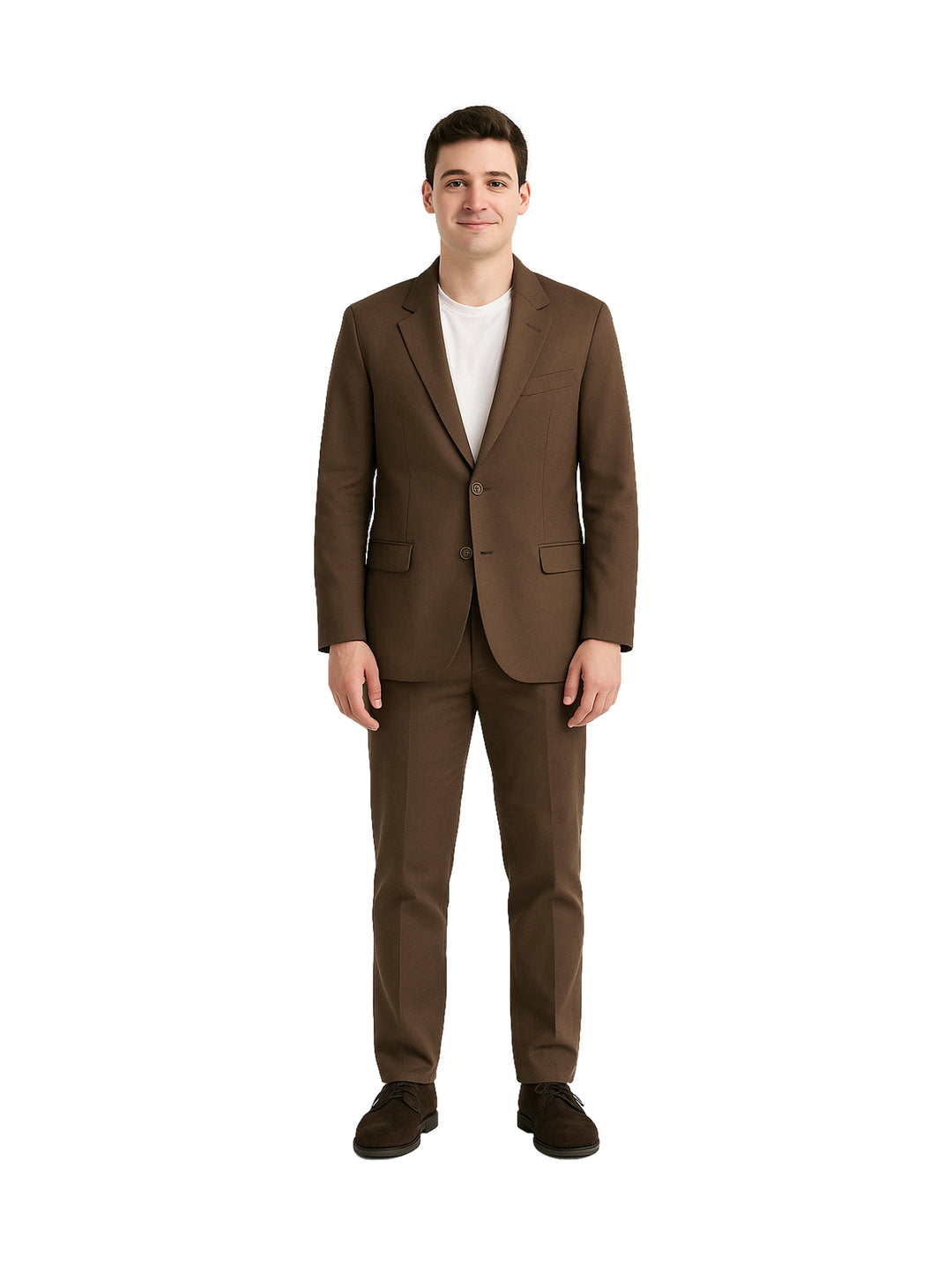 Hombre vistiendo un traje formal de color chocolate compuesto por saco y pantalón.