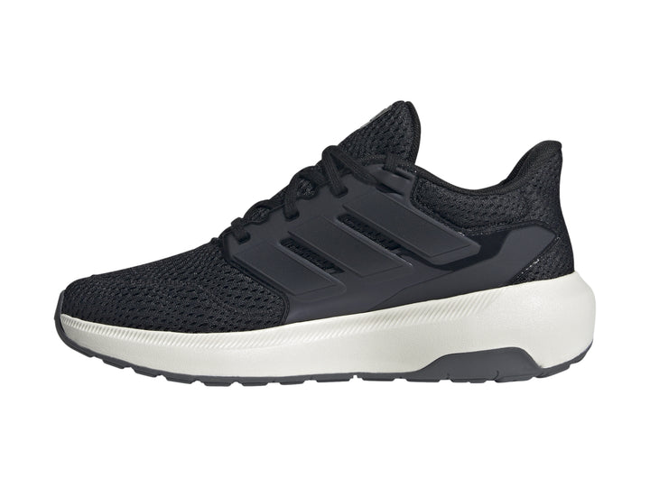 Tenis deportivos Adidas color negro con suela blanca y tejido de malla.
