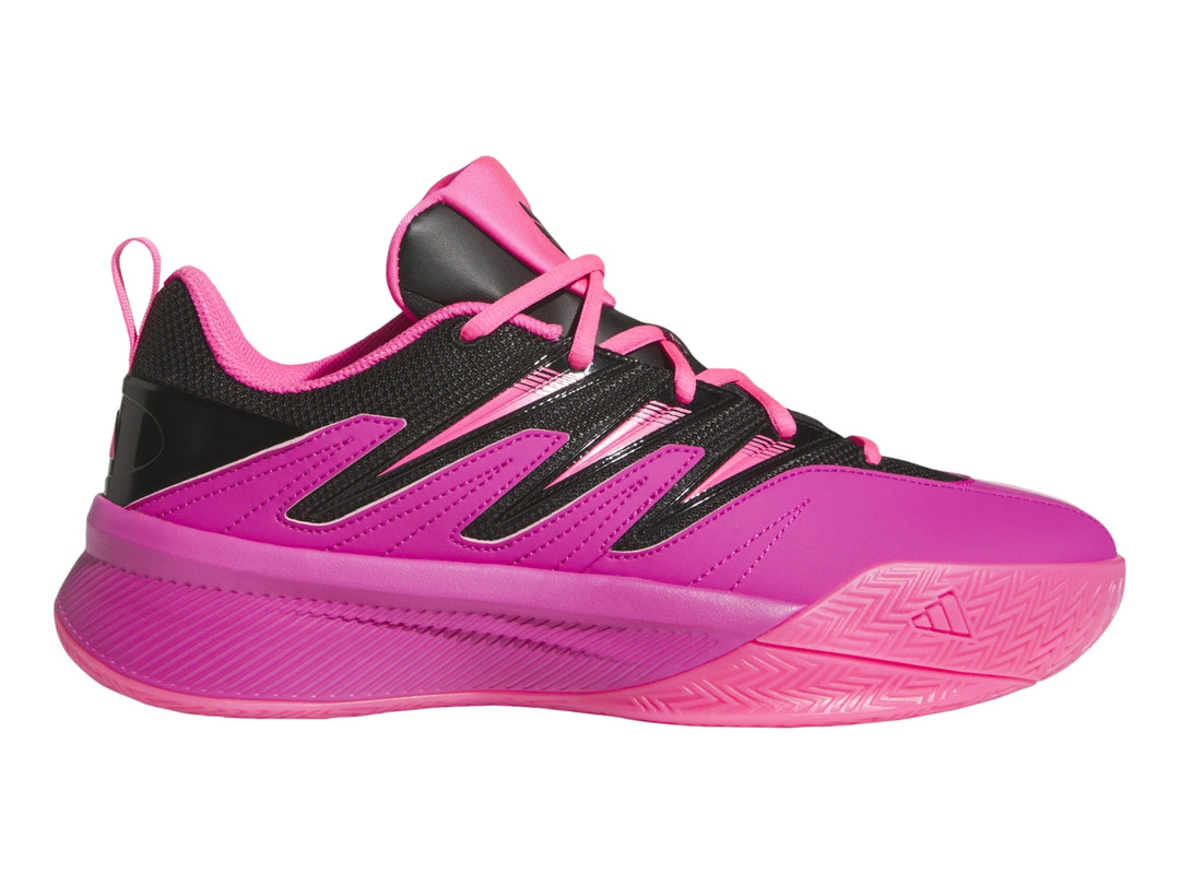 Tenis de baloncesto Adidas Dame Certified 3 en color fucsia con detalles en negro.