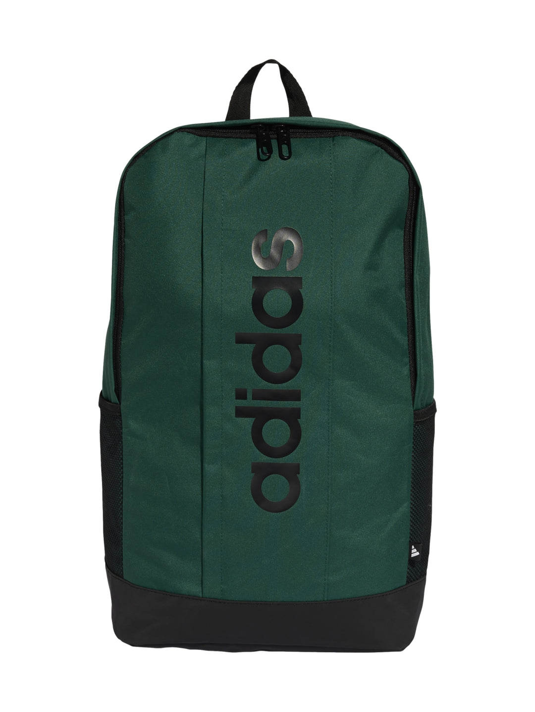 Mochila Adidas color verde con base negra y logotipo Adidas en letras grandes negras en el frente.
