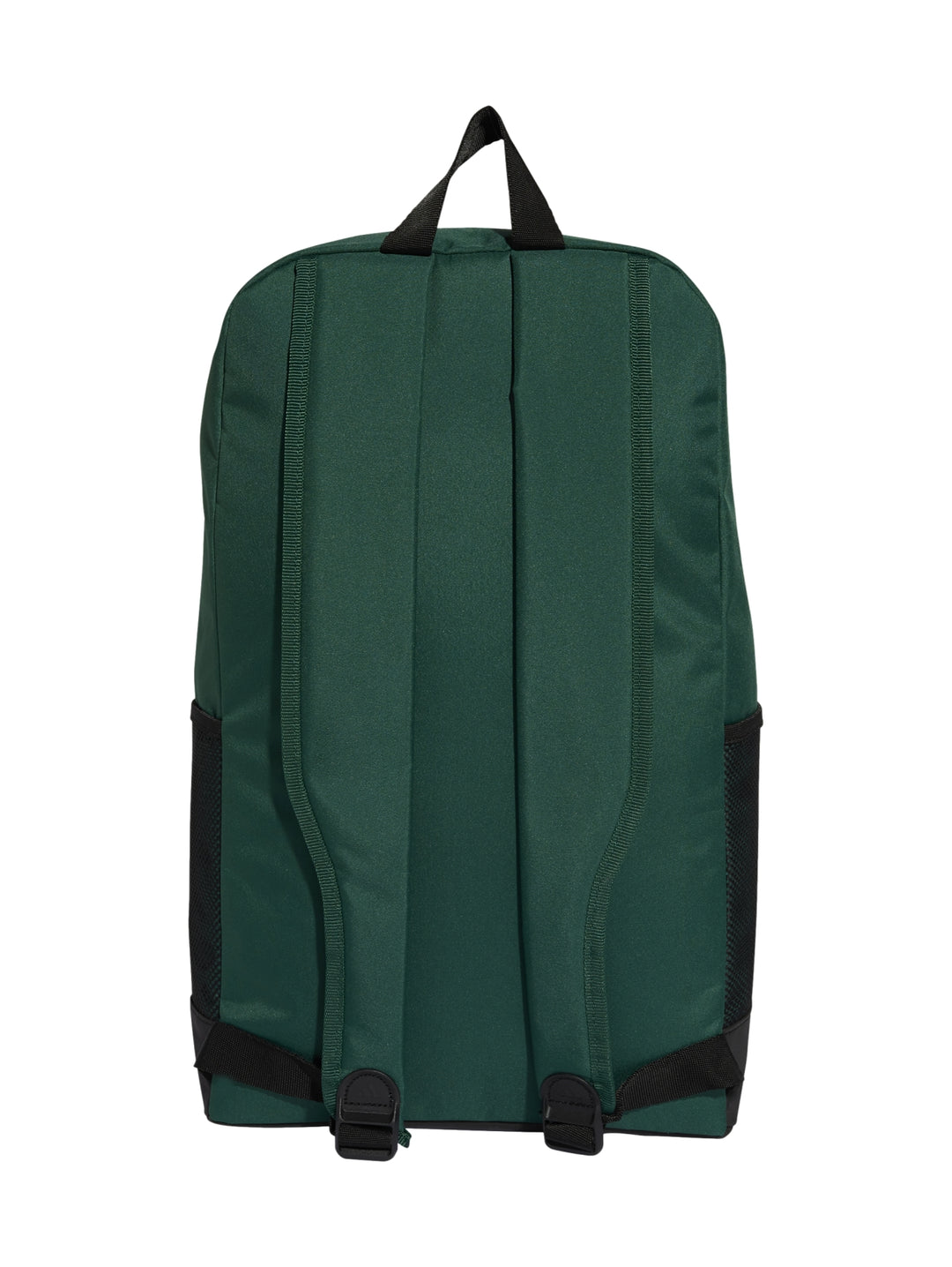 Mochila Adidas color verde con base negra y logotipo Adidas en letras grandes negras en el frente.