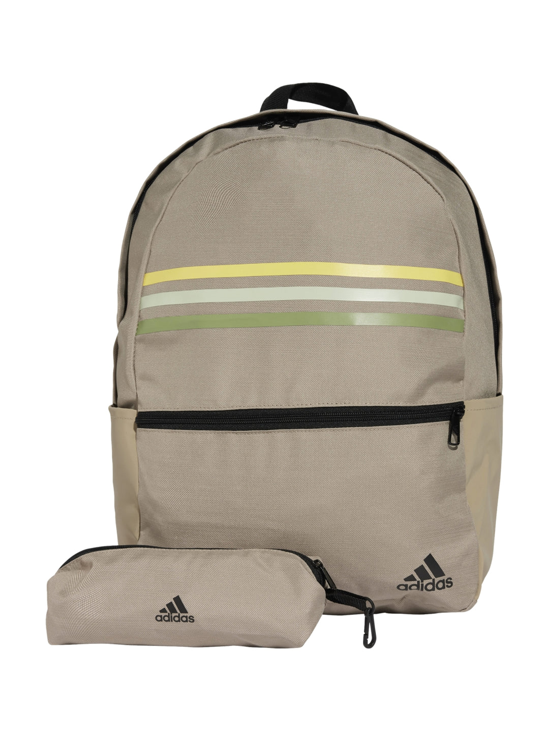 Mochila Adidas color beige con tres franjas horizontales y estuche pequeño a juego.