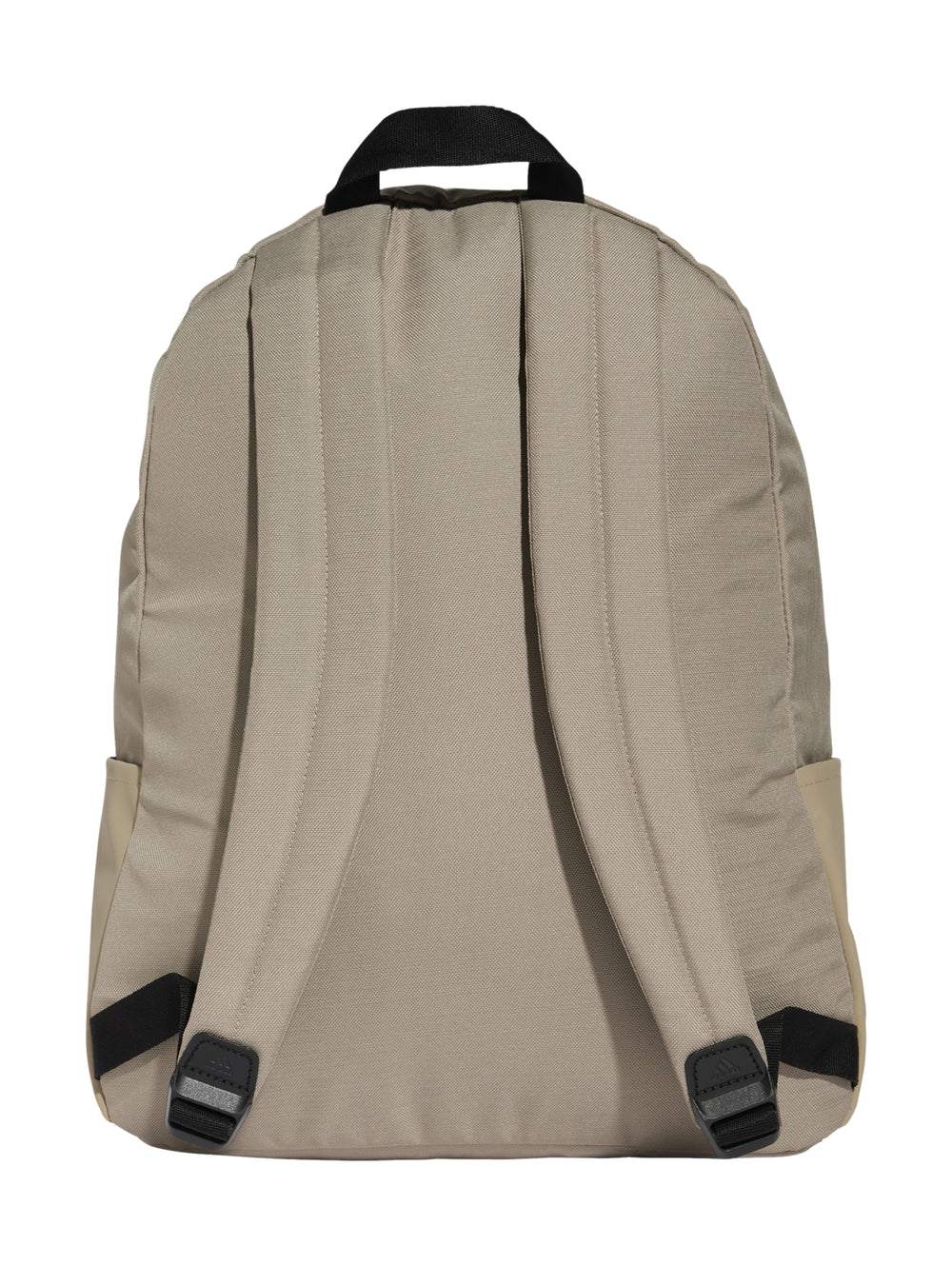 Mochila Adidas color beige con tres franjas horizontales y estuche pequeño a juego.