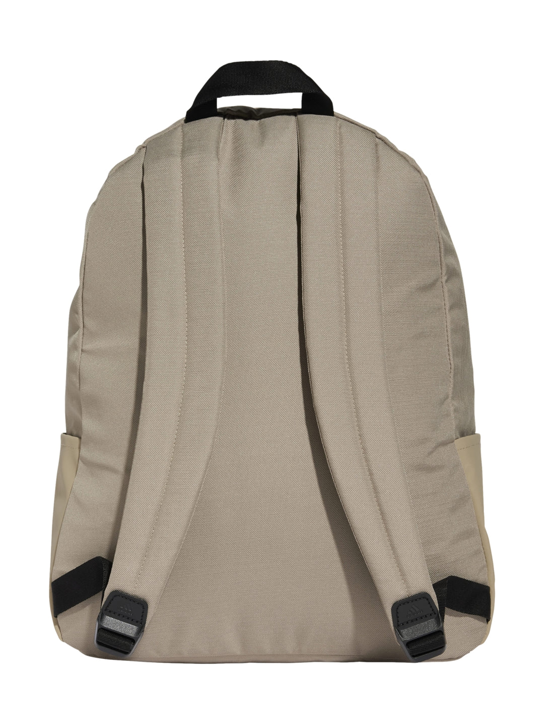 Mochila Adidas color beige con tres franjas horizontales y estuche pequeño a juego.