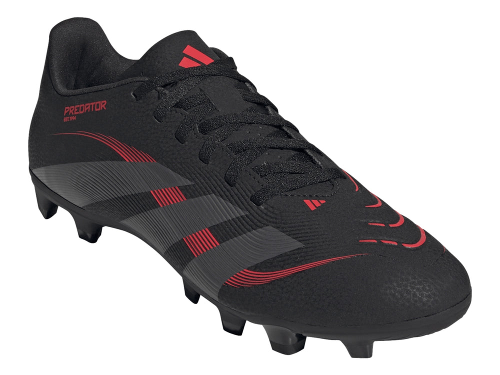 Zapato de fútbol Adidas Predator en color negro con franjas grises y detalles en rojo, vista lateral.