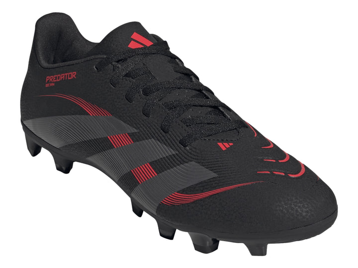 Zapato de fútbol Adidas Predator en color negro con franjas grises y detalles en rojo, vista lateral.
