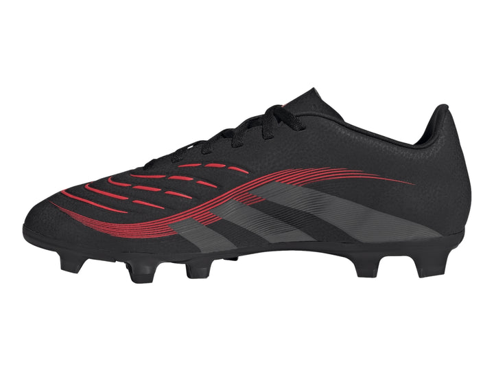 Zapato de fútbol Adidas Predator en color negro con franjas grises y detalles en rojo, vista lateral.