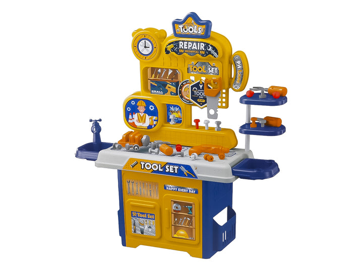 Set de herramientas de juguete para niños en colores amarillo y azul con accesorios incluidos.