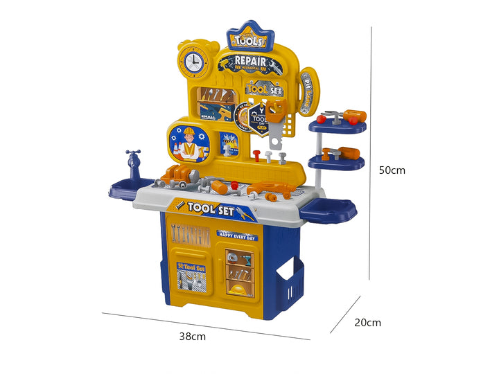 Set de herramientas de juguete para niños en colores amarillo y azul con accesorios incluidos.