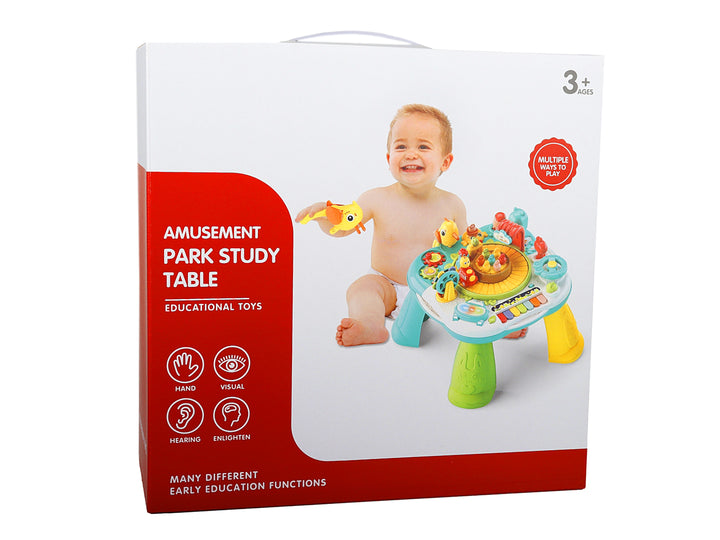 Mesa de estudio y juego didáctico multicolor para bebé con diversas actividades integradas.