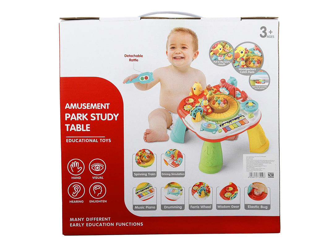 Mesa de estudio y juego didáctico multicolor para bebé con diversas actividades integradas.