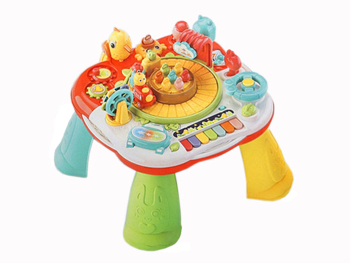 Mesa de estudio y juego didáctico multicolor para bebé con diversas actividades integradas.