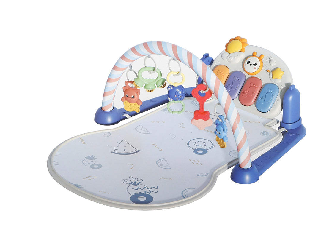 Set de tapete interactivo Playgym para bebé con arco de juguetes colgantes y piano musical en colores multicolor.