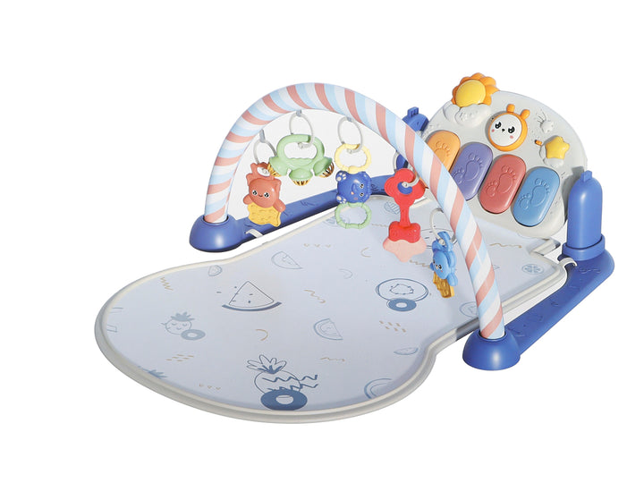 Set de tapete interactivo Playgym para bebé con arco de juguetes colgantes y piano musical en colores multicolor.