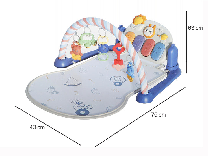 Set de tapete interactivo Playgym para bebé con arco de juguetes colgantes y piano musical en colores multicolor.