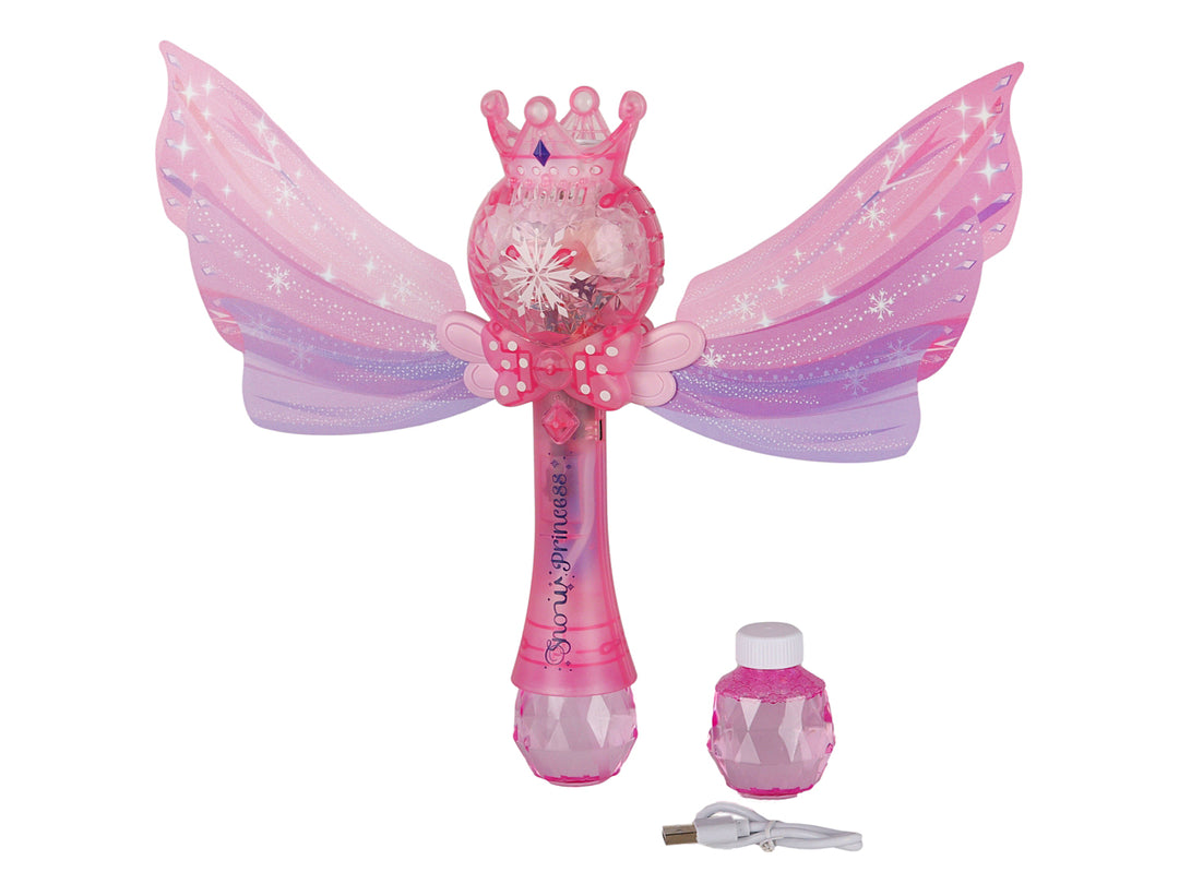 Varita mágica de juguete color lila y rosa con alas desplegables, corona y cable de carga incluido.