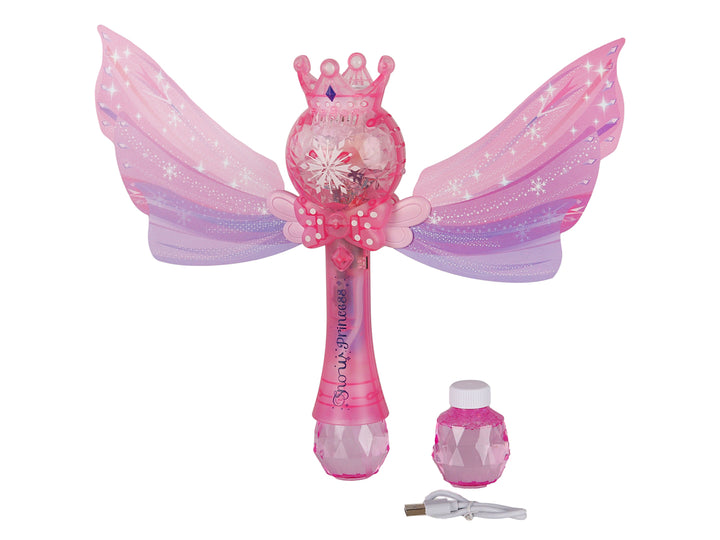 Varita mágica de juguete color lila y rosa con alas desplegables, corona y cable de carga incluido.
