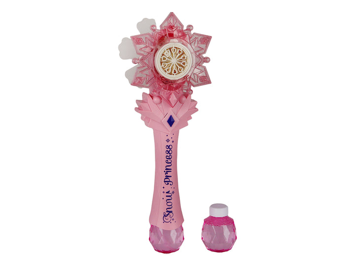 Varita de juguete color rosa con diseño de copo de nieve y un pequeño frasco a juego sobre fondo blanco.