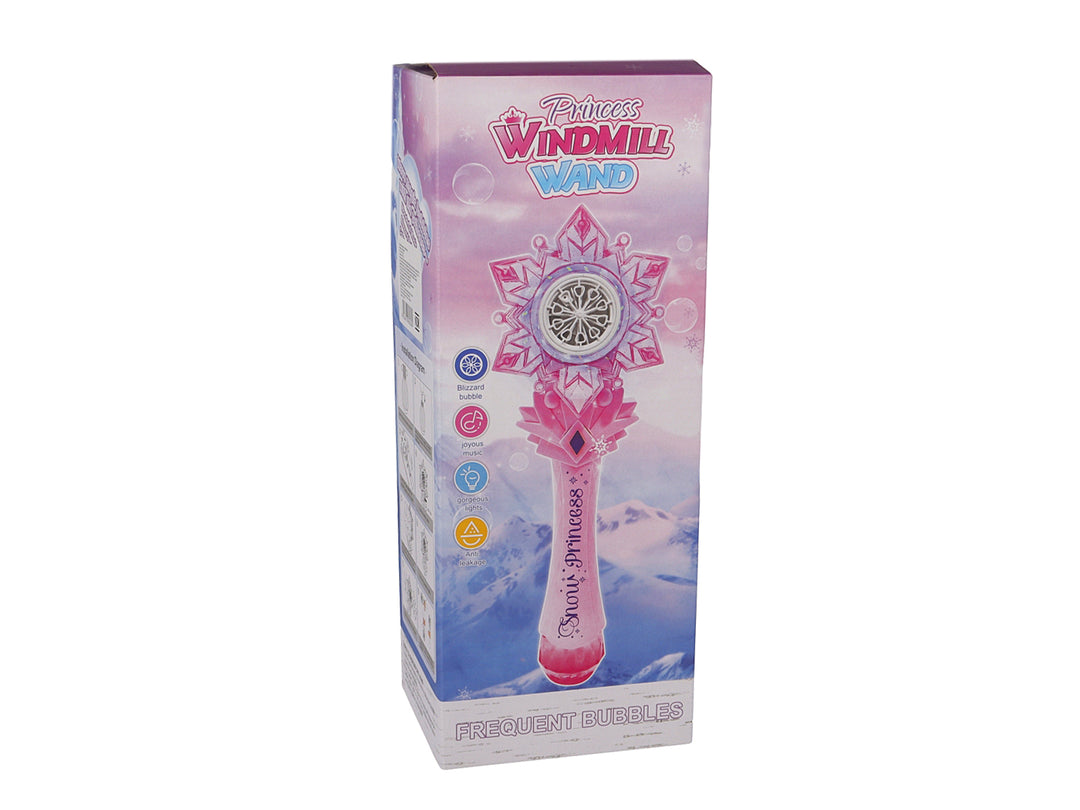 Varita de juguete color rosa con diseño de copo de nieve y un pequeño frasco a juego sobre fondo blanco.