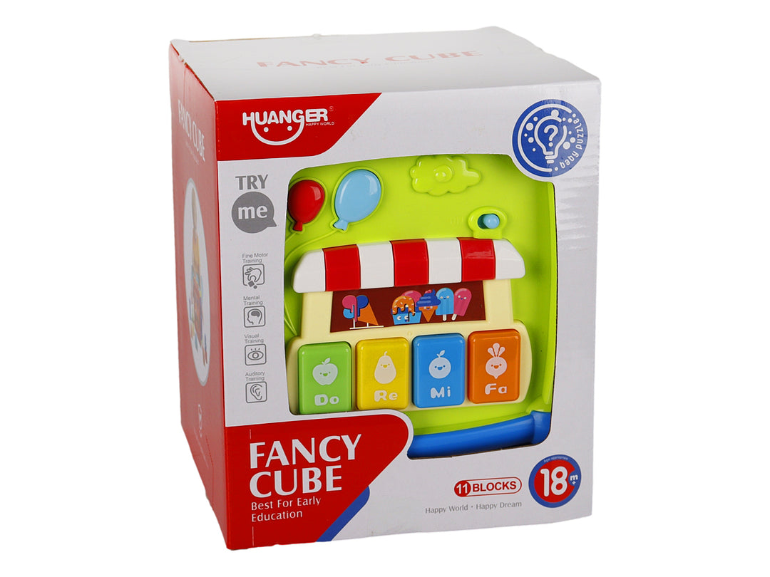 Caja de juguete cubo interactivo musical multicolor para educación temprana.