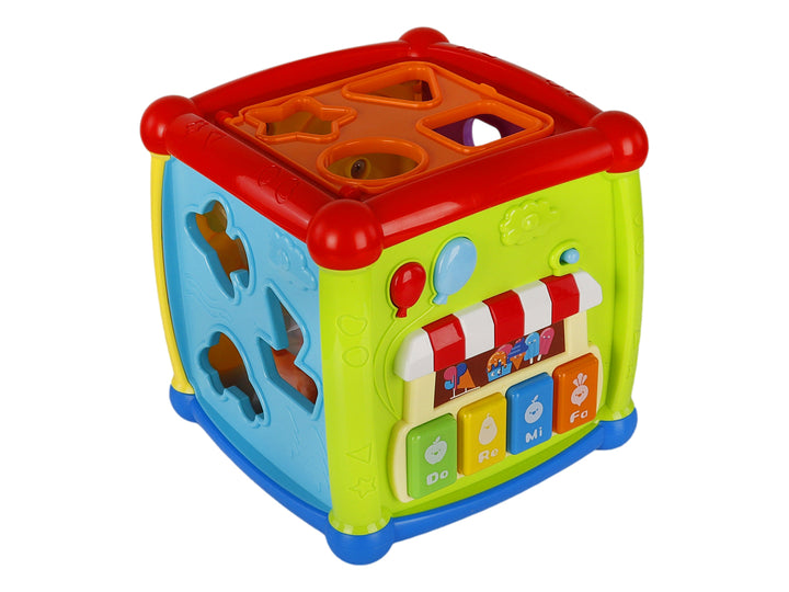 Caja de juguete cubo interactivo musical multicolor para educación temprana.