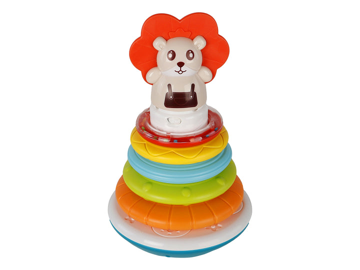 Juguete interactivo de anillos apilables multicolores con una figura de oso en la parte superior, presentado en su caja.