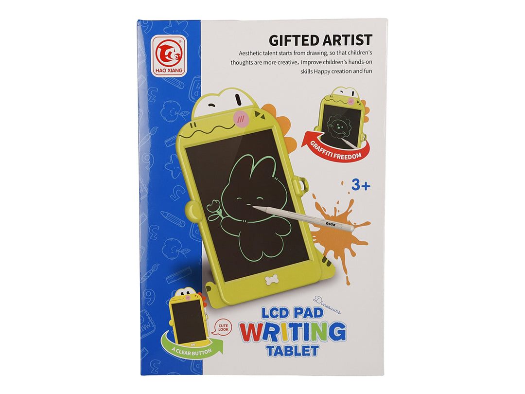 Tableta didáctica de escritura LCD en color verde con diseño infantil y lápiz blanco sobre fondo blanco.