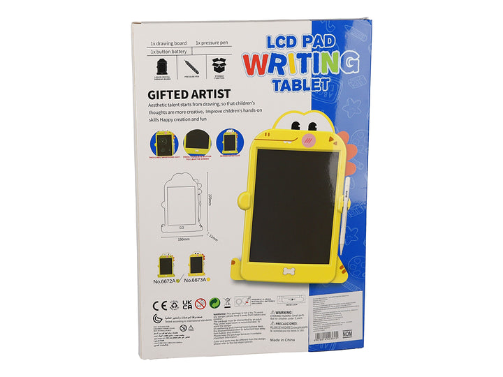 Tableta didáctica de escritura LCD en color verde con diseño infantil y lápiz blanco sobre fondo blanco.
