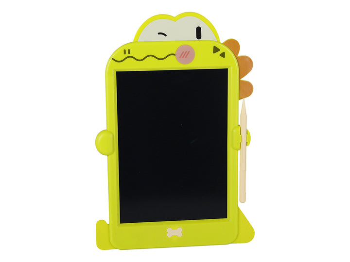 Tableta didáctica de escritura LCD en color verde con diseño infantil y lápiz blanco sobre fondo blanco.