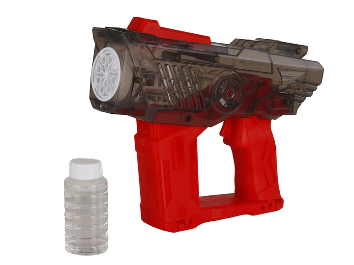Pistola de burbujas de juguete en color rojo y plástico transparente con botella de solución incluida.