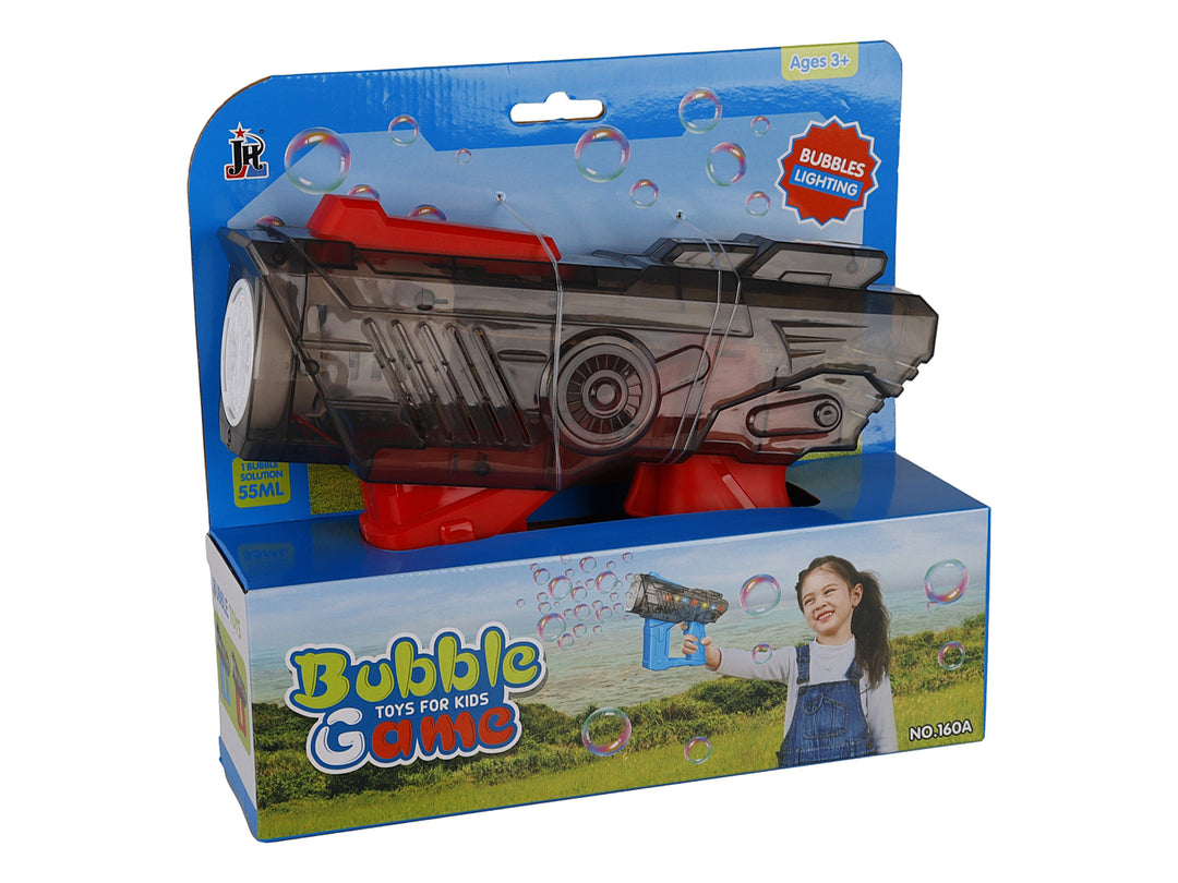 Pistola de burbujas de juguete en color rojo y plástico transparente con botella de solución incluida.