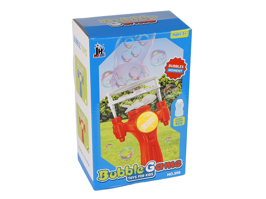Pistola de burbujas para niños en color rojo y blanco, presentada en su empaque azul.