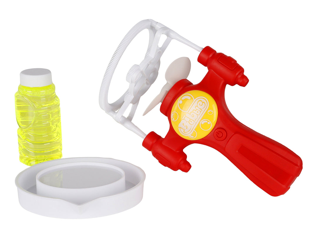 Pistola de burbujas para niños en color rojo y blanco, presentada en su empaque azul.