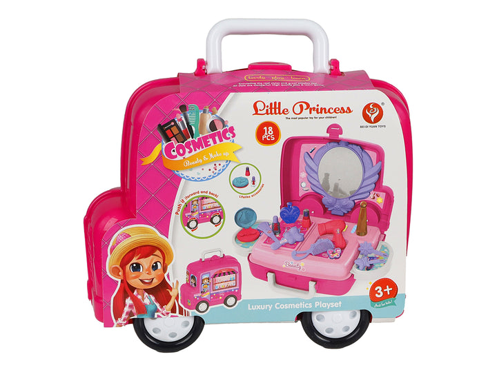 Set de belleza Little Princess en maletín color rosa con accesorios de maquillaje y espejo para niñas.