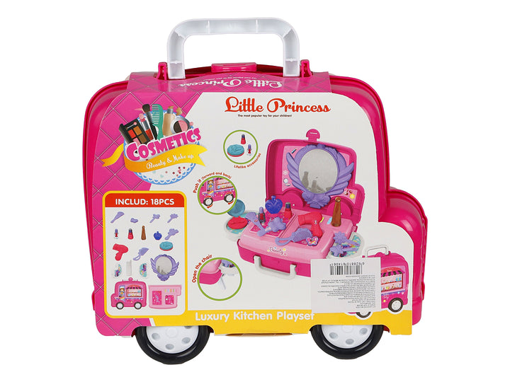 Set de belleza Little Princess en maletín color rosa con accesorios de maquillaje y espejo para niñas.