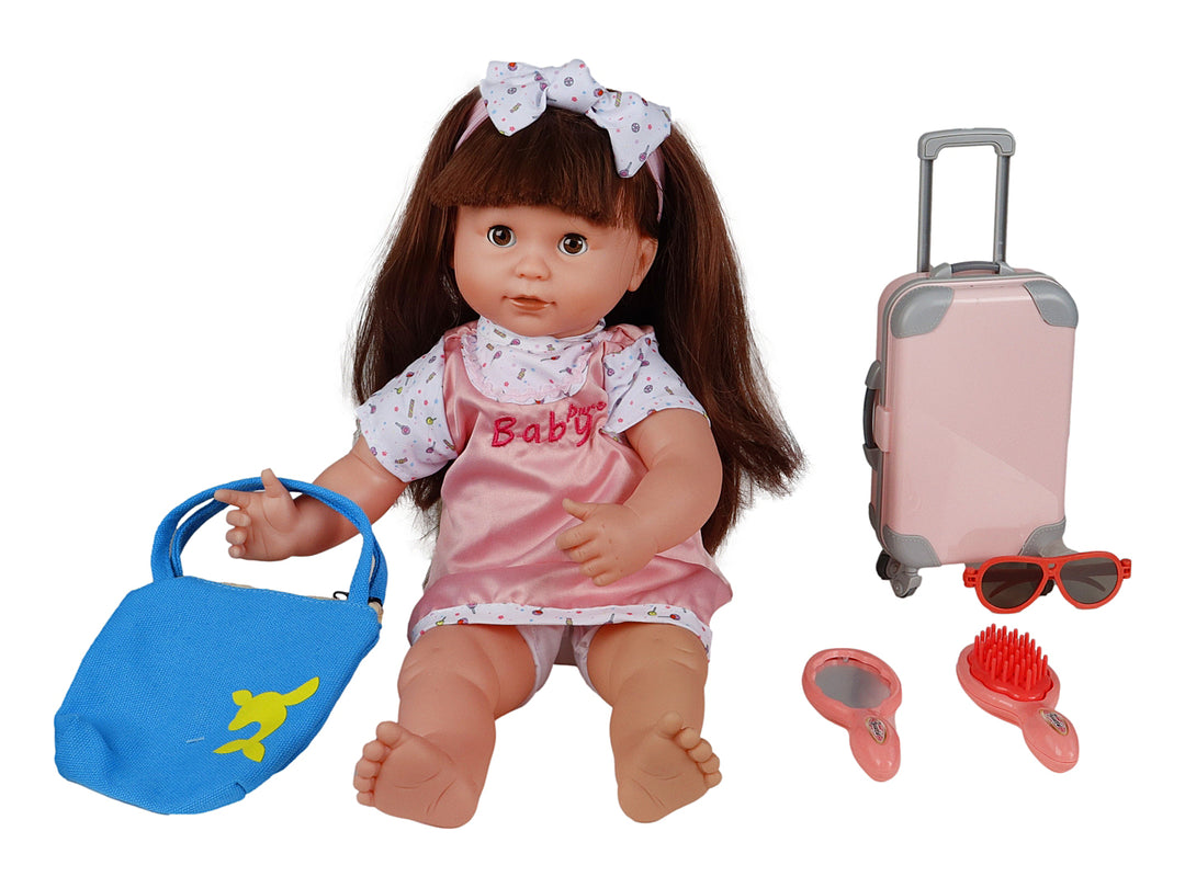 Set de muñeca KELDER TOYS con accesorios que incluyen maletín, lentes y cepillo en empaque rosa.