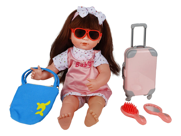 Set de muñeca KELDER TOYS con accesorios que incluyen maletín, lentes y cepillo en empaque rosa.