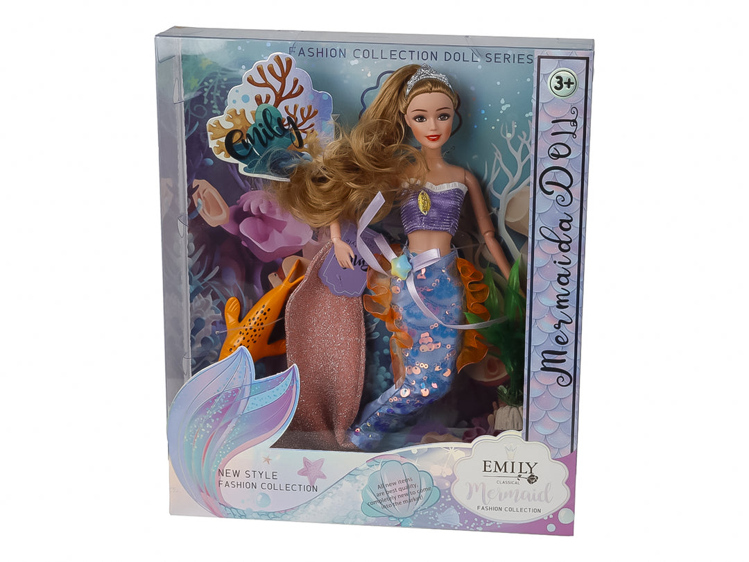 Muñeca de sirena con cola multicolor y cabello rubio en su caja de empaque original.