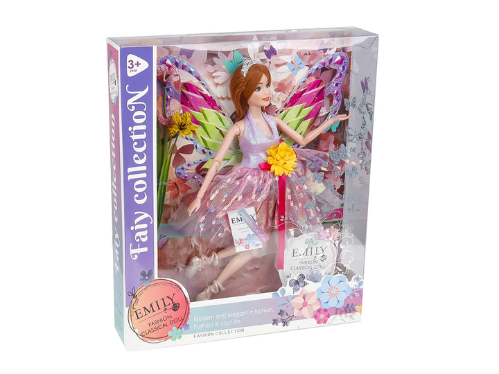 Muñeca de hada con vestido rosa y alas coloridas dentro de su caja de empaque.