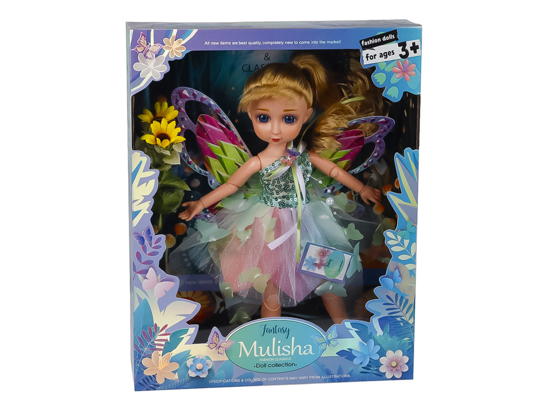 Muñeca de hada Mulisha con alas coloridas y vestido verde y rosa en su caja de empaque.