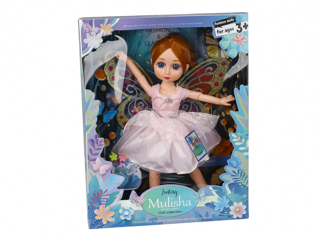 Muñeca de hada llamada Mulisha con vestido rosa y alas coloridas en su caja de empaque.