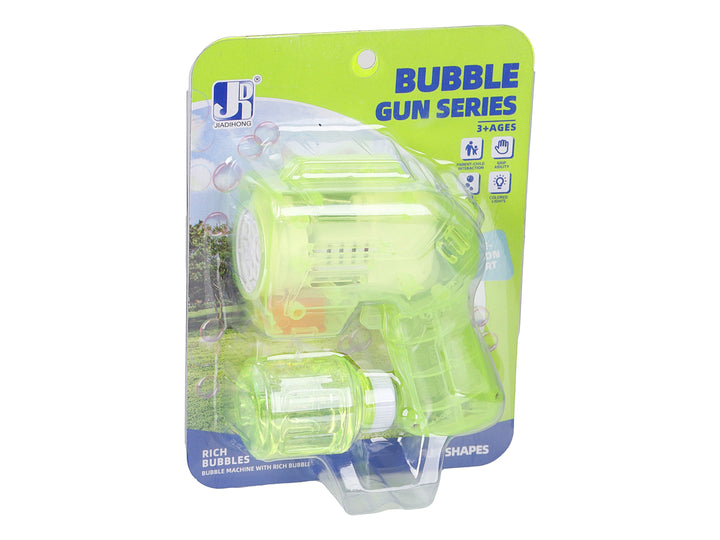 Pistola de burbujas eléctrica de color verde transparente en empaque blister.